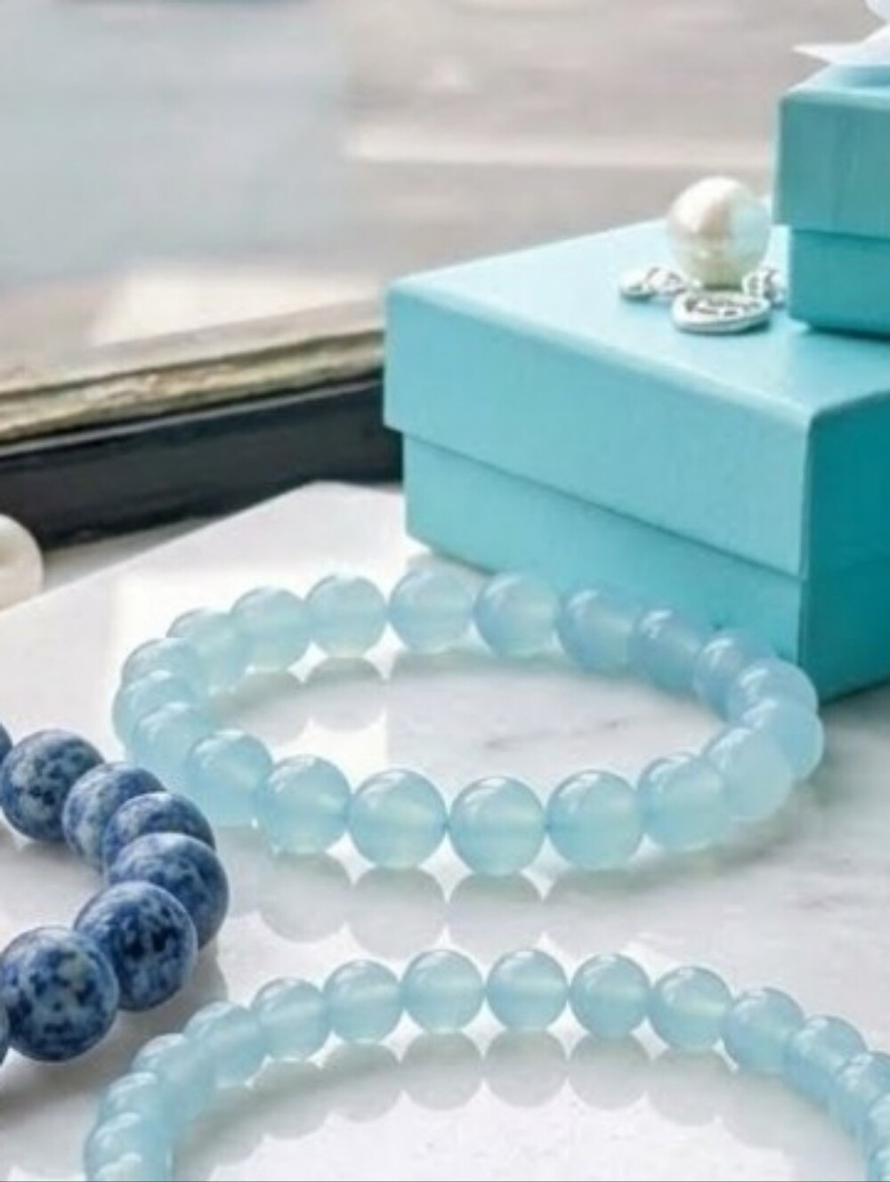 Glass Beaded Bracelets In Blue- Choose Size- 6mm Or 8mm - Picture 2 of 4